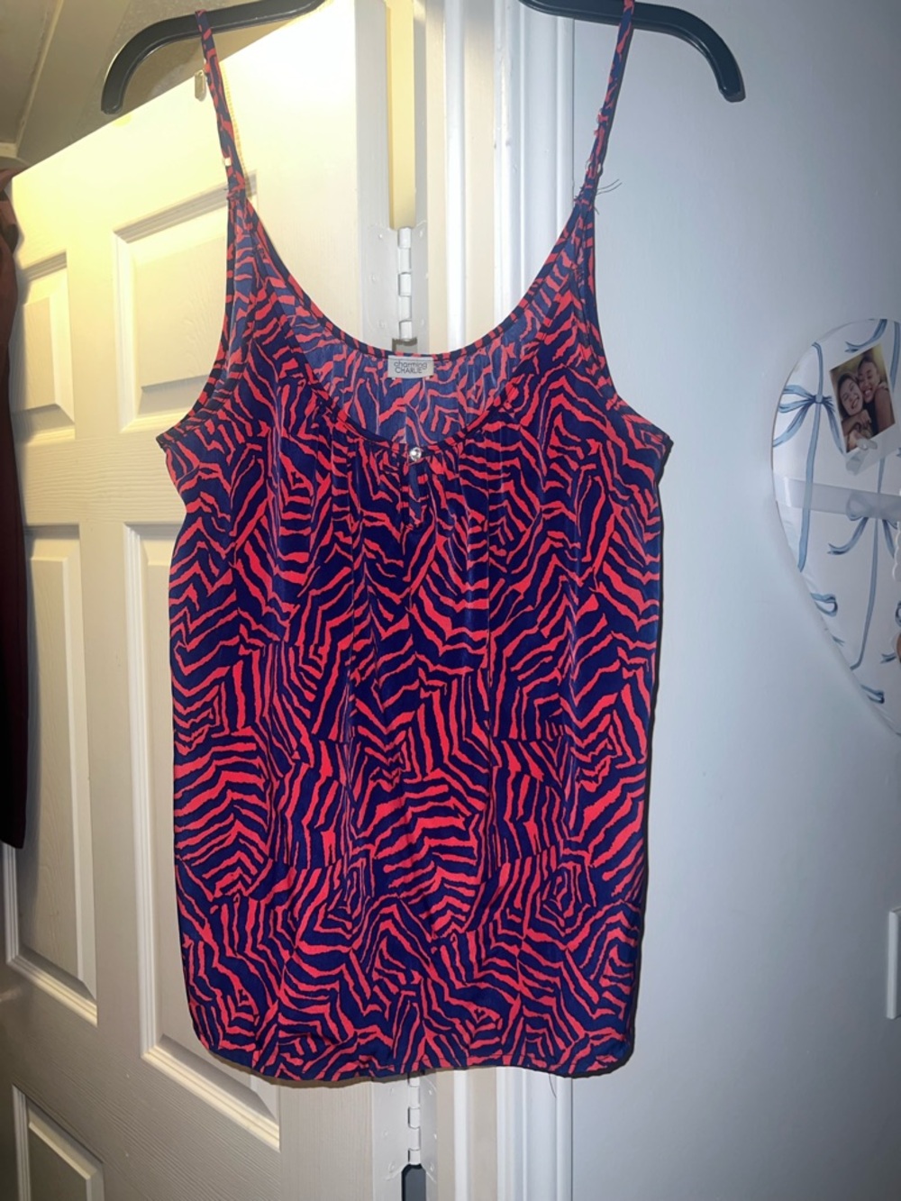 Woven Zebraprint Spaghetti Strap Tank Top - Blue & Pink